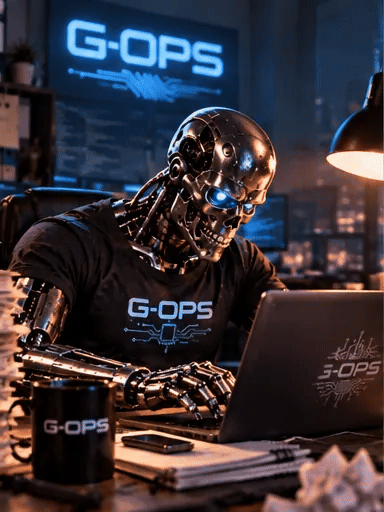 G-OPS robot typing, wiping its head with a cloth and shaking it off